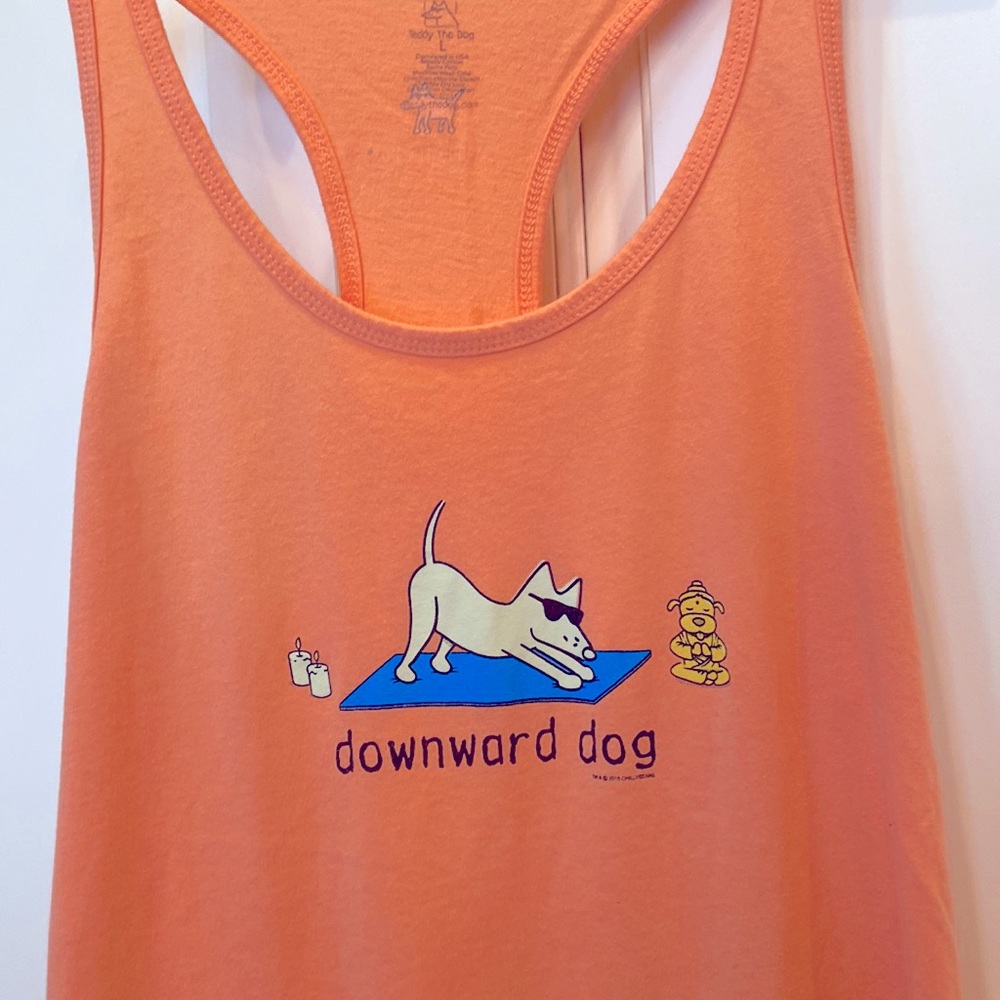 Teddy The Dog. Doing Downward Dog. Racer back T. Label Size L but it runs small.